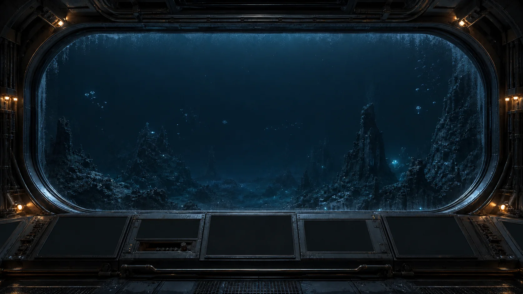 A deep-sea listening station overlooking hydrothermal vents and a bioluminescent ocean abyss