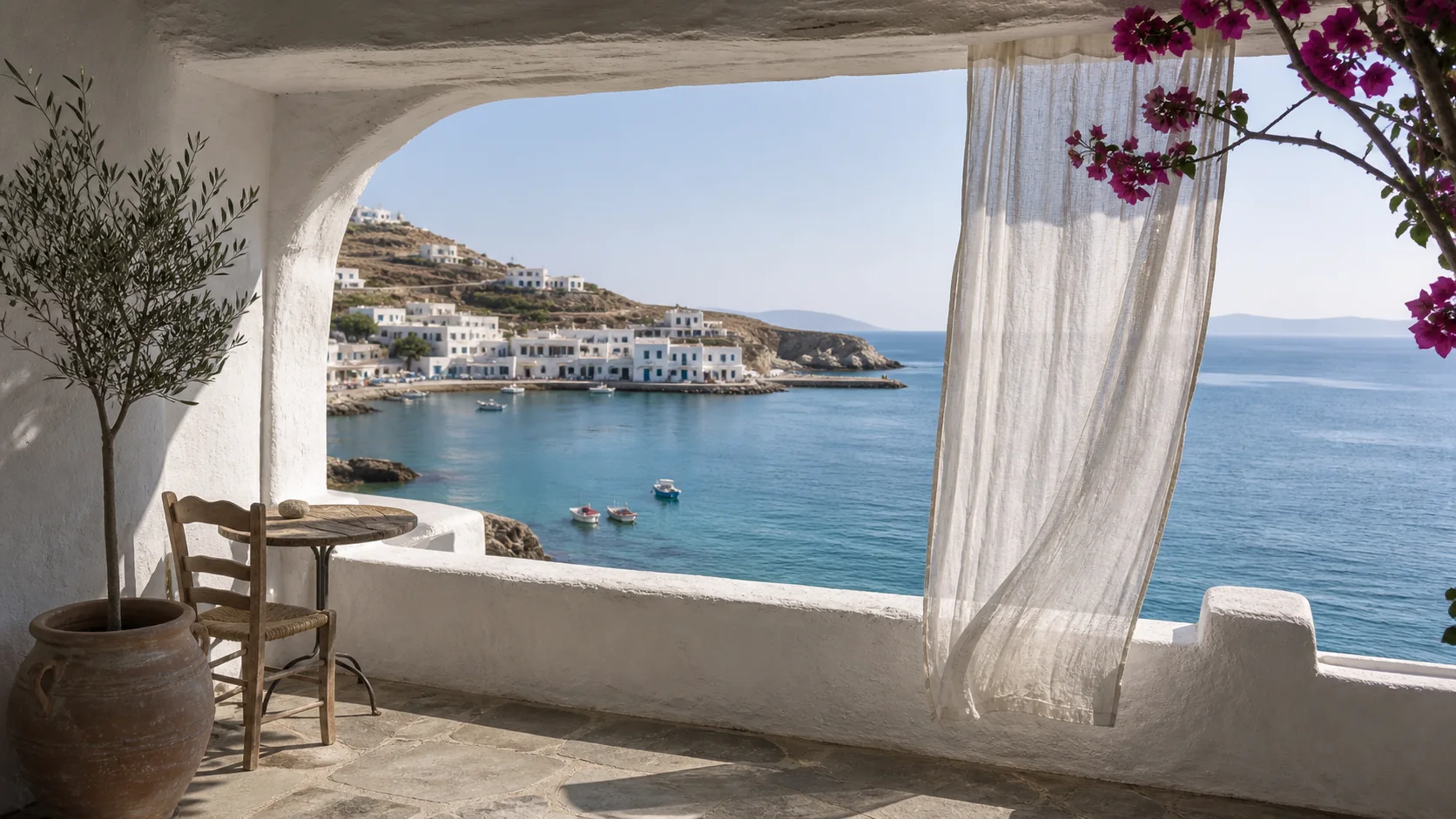 A sunlit Aegean harbor viewed from a shaded whitewashed balcony with a linen curtain, olive tree, and bougainvillea
