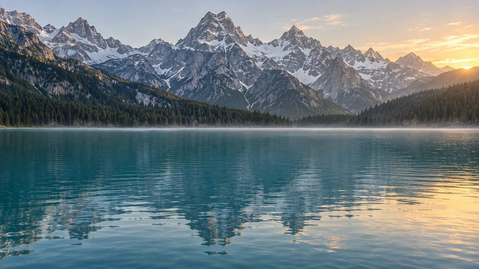 Dawn light on rugged alpine mountains reflected in a still turquoise lake, with mist along a distant pine forest
