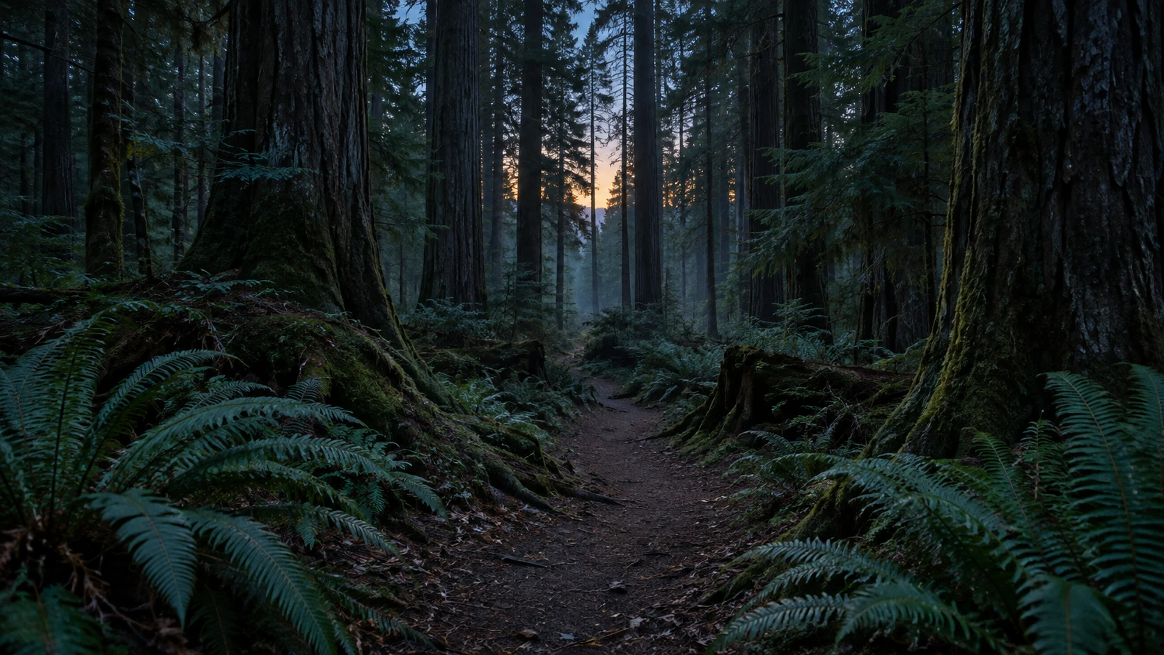 A dry woodland path between old cedar trunks and delicate ferns in the last blue light of evening
