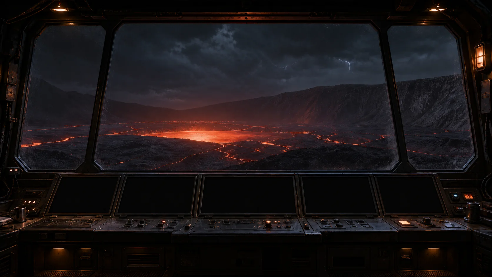 A volcanic monitoring observatory overlooking a glowing caldera at night