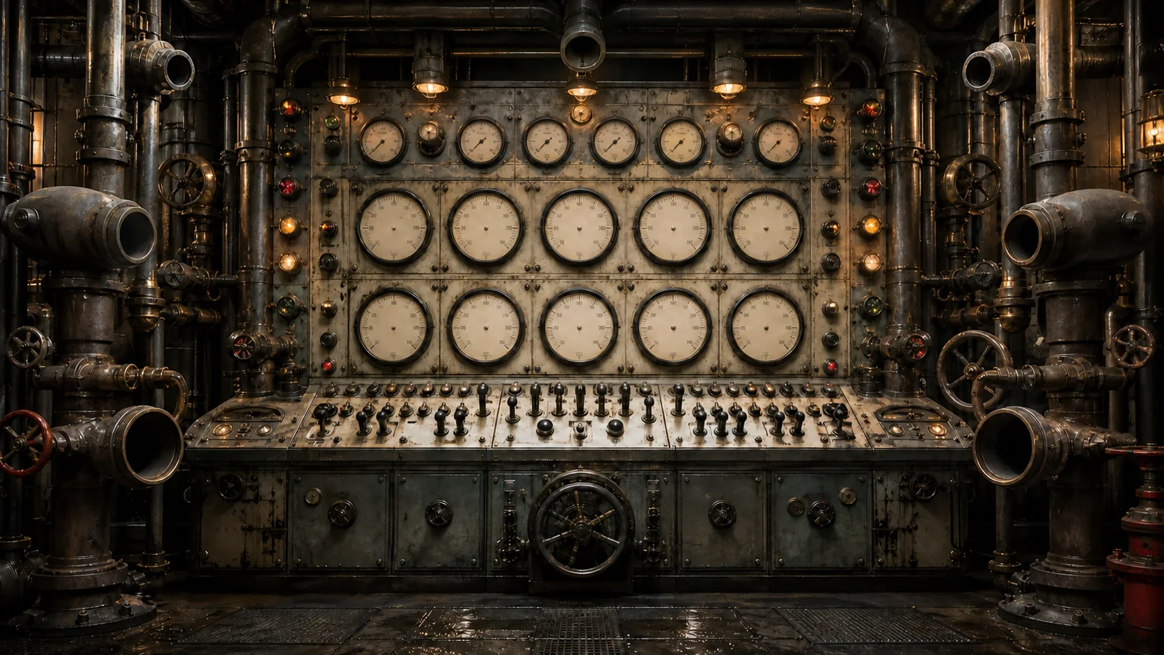 An exaggerated retro-industrial control room with banks of analog gauges, indicator lights, worn metal controls, and heavy steam pipes
