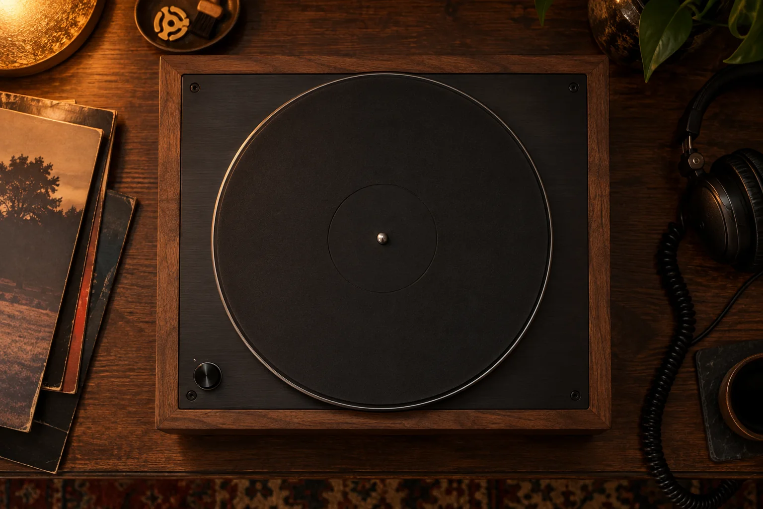 A walnut turntable playing a vinyl record beside record sleeves and headphones in warm lamplight