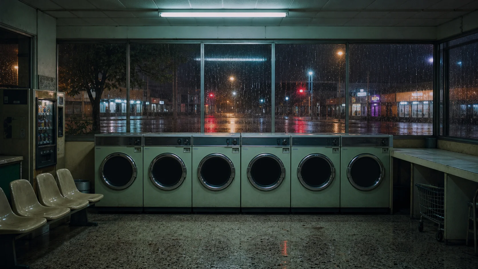 An empty neighborhood laundromat at midnight during heavy rain