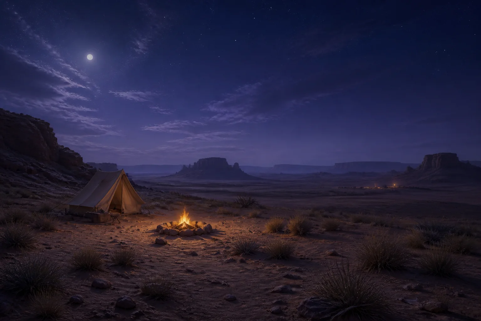 A quiet canvas camp beside a small fire in a moonlit desert basin