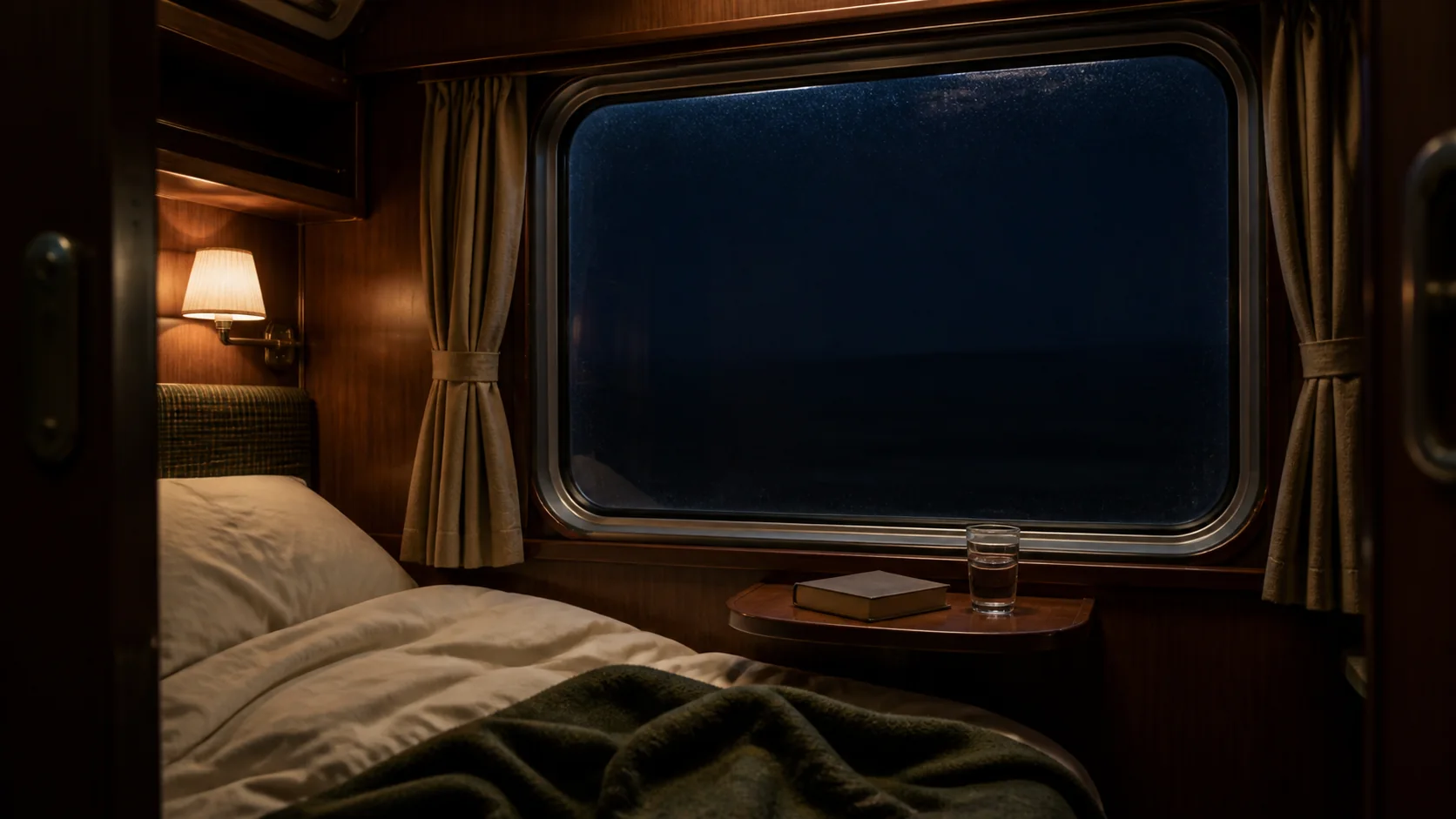 A warm overnight sleeper-train compartment with cream bedding, a moss-green blanket, a reading lamp, and a rain-covered window overlooking dark countryside