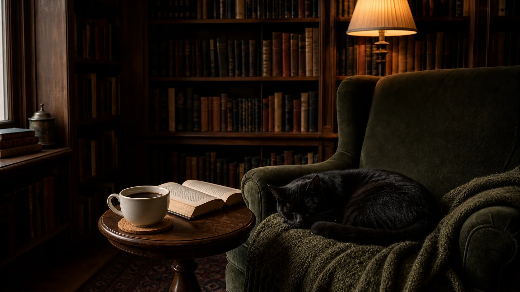 A warm home library with walnut bookshelves, coffee on a cork coaster beside an open book on a wooden table, and a black cat sleeping on a wool throw in a green reading chair