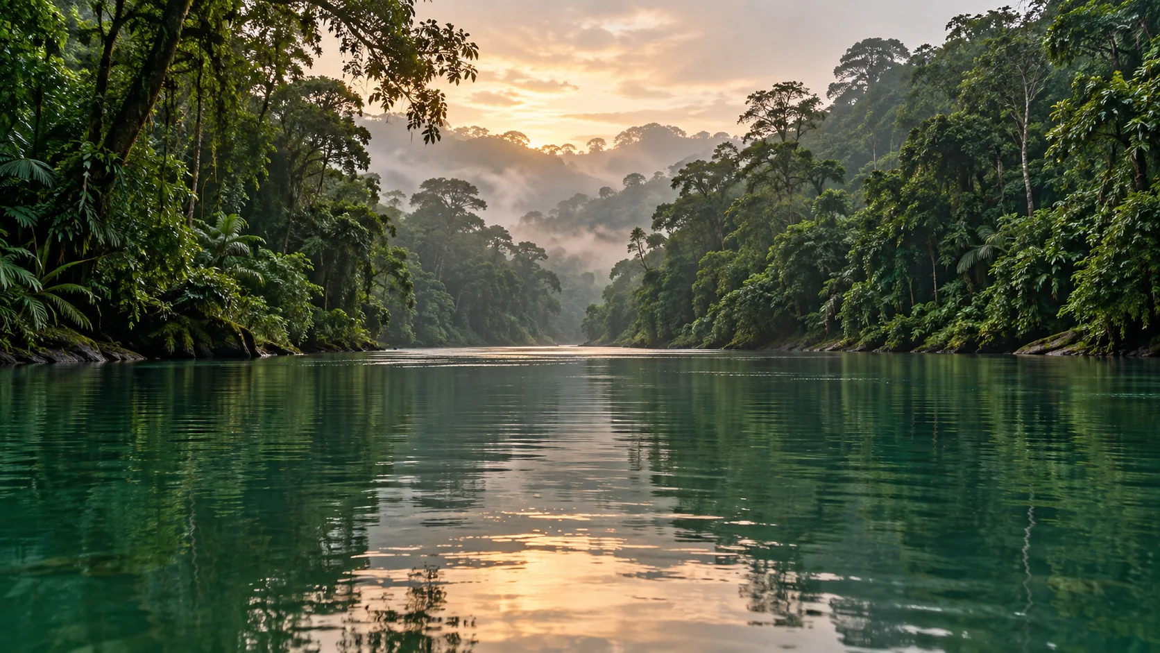 A misty jade river enclosed by lush tropical rainforest in soft dawn light