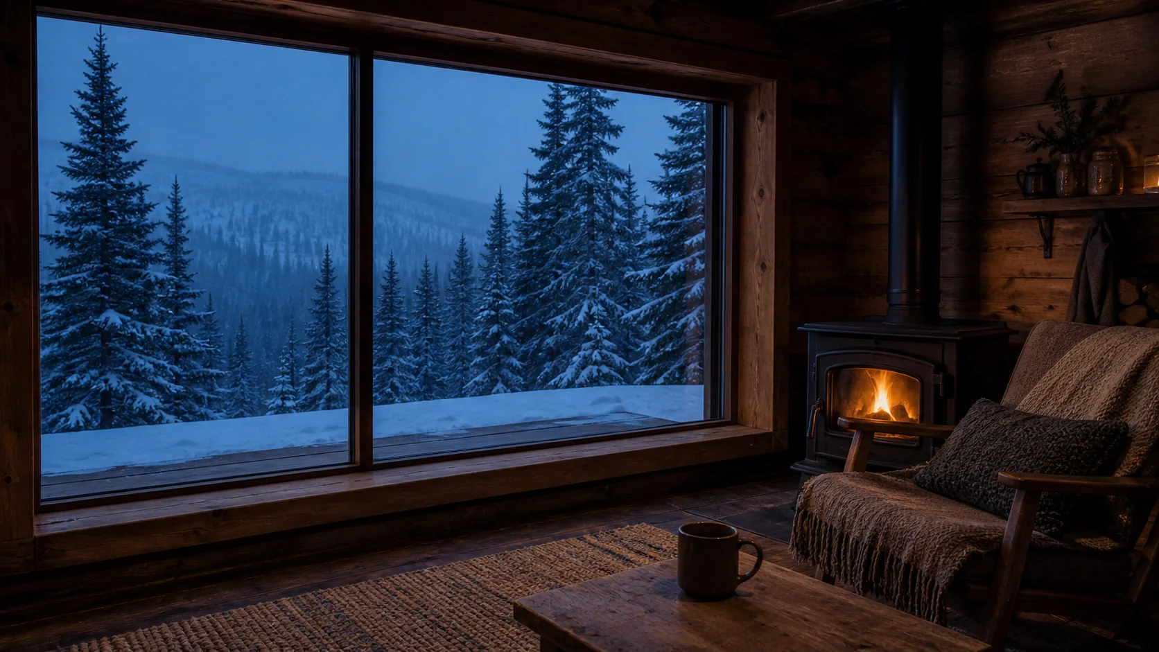 A cozy timber cabin with a glowing wood stove, a wool-covered armchair, and a mug beside a wide window overlooking a snowy pine forest at dusk